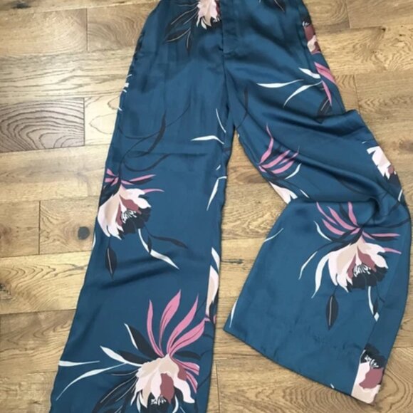 Zara Teal Green Topical Print Wide Leg Pants SIZE M - Picture 4 of 9